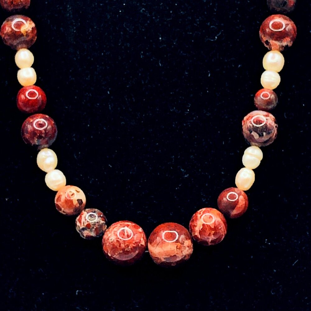 Natural Stone and Freshwater Pearl Artisan Beaded Necklace w/ Toggle Clasp